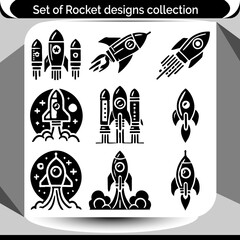 Rockets set with different cosmic rocketships takes off designs for creative projects and aerospace concepts in space explorations.