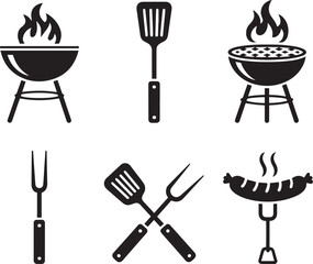 Collection of barbecue grill and cooking utensil icons silhouette