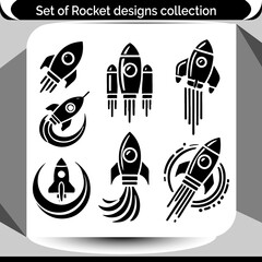 A collection of rocket icons showing various spacecraft designs, perfect for technology, space exploration, or science fiction themed creations.