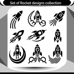 A collection of black rocket graphics featuring various launch designs, perfect for space themed designs and aerospace related branding.