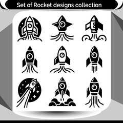 Collection of nine stylized rocket symbols suitable for science, space exploration, and futuristic designs with a monochrome aesthetic.