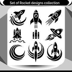 Collection of sleek rocket ship symbols ideal for futuristic design projects and modern space exploration themes for branding and logo development.