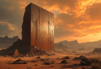 iron monolith with desert

