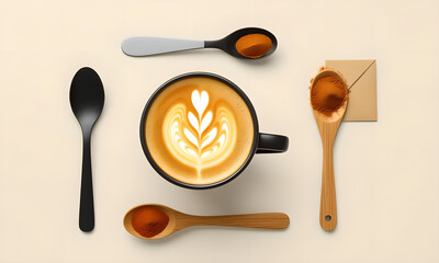 Turmeric latte art flat lay: coffee cup and spice spoons overhead.