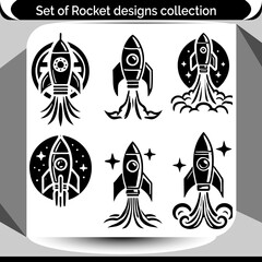 Black and white rockets art for logo or icon designs features spaceships blasting off with stellar designs for a cosmic feel.