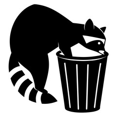 Funny Raccoon Sitting in Trash Can Silhouette Vector