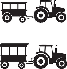 Two simple black silhouette tractor icons pulling trailers on white background