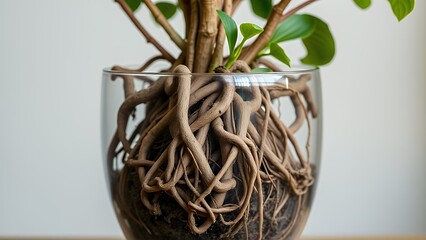 Transparent pot showing tangled roots over months