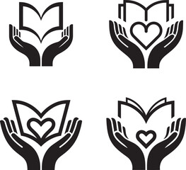 Four stylized icons of hands holding open books with hearts silhouette
