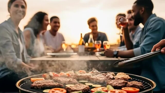 Friends enjoying a backyard barbecue at sunset