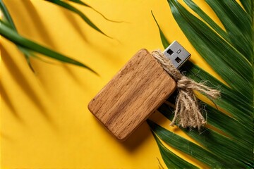 Wooden USB Drive with Jute Tag and Tropical Leaf on Yellow Background