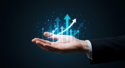 Glowing Upward Arrows Held in a Business Hand