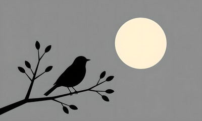 Silhouette of bird perched on branch under full moon at night