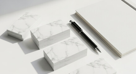 Marble texture business cards and notebook with pen on white surface  