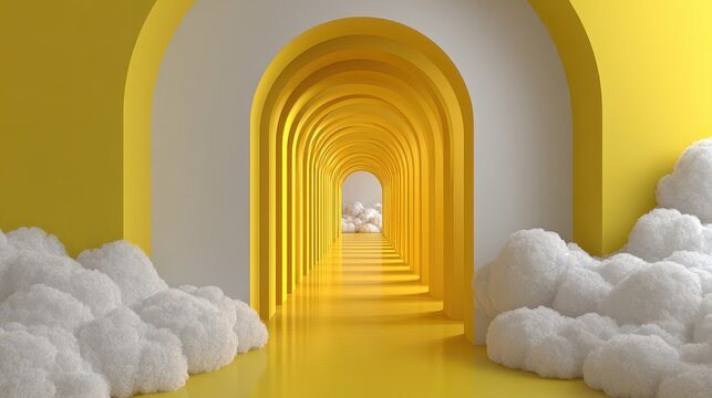 Dreamy yellow tunnel perspective with clouds leading to bright light at the end, creating surreal architectural abstract concept