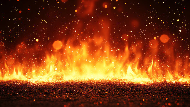 Intense fire flames with sparkles over black background fiery backdrop depicts heat and energy conceptual image warmth inferno abstract blazing hot