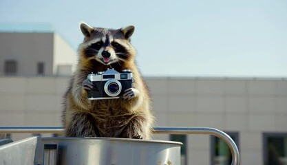 Raccoon holding a camera and smiling, cityscape background. World photography day concept. Copy space for text