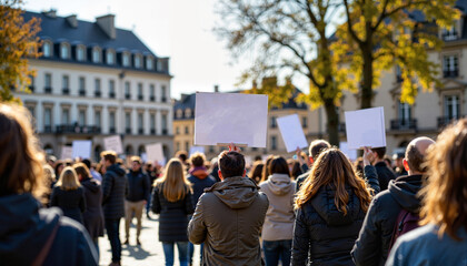 A crowd of people protesting in a public square with signs  - Generic AI Image