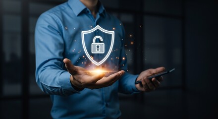 Glowing Shield and Unlocked Padlock Held in Hands