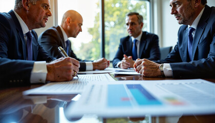 Four men in business suits sitting around a table in a meeting, with laptops and documents in front of them. - Generic AI Image