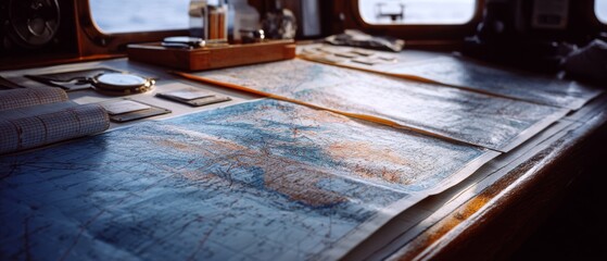 Nautical maps spread across a wooden table in warm light, showcasing the art of navigation and maritime exploration.