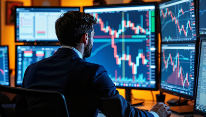 A person analyzing stock market charts on multiple screens with various financial data and graphs in an office setting. - Generic AI Image