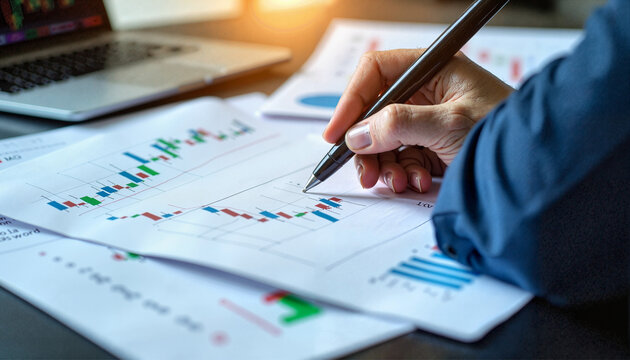 A hand holding a pen writing on a printed stock chart with various financial data and graphs on a desk. - Generic AI Image