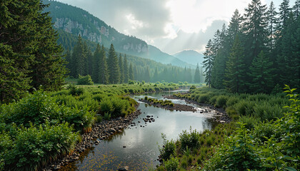 A serene mountain stream flowing through a lush green forest with trees and mountains in the background. - Generic AI Image
