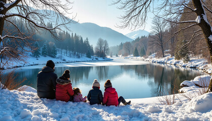 A family sitting by a snowy lake with mountains and trees in the background, enjoying a winter landscape. - Generic AI Image