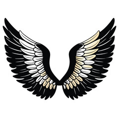 Fototapeta premium Illustration of a pair of stylized black and white angel wings with tan accents on white background
