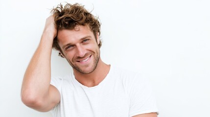Confident mid adult male touching hair, wearing white t shirt against minimalist white backdrop. Radiating casual self assurance and positive energy