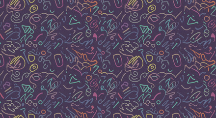 A playful explosion of pastel doodles dancing across a deep purple canvas, a vibrant, energetic pattern full of whimsical shapes and lines.