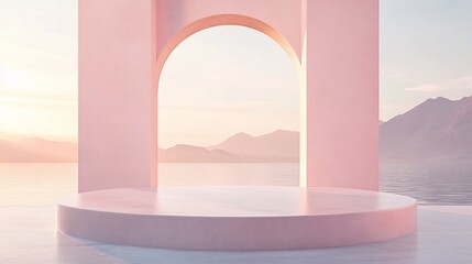 Pastel pink archway podium overlooking a serene mountain and sea landscape