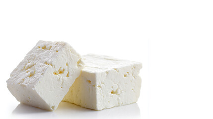 Creamy feta cheese blocks positioned on white surface, showcasing smooth texture and appetizing visual appeal for culinary use or light dining experience