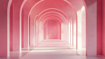 Fototapeta premium Pastel pink arched hallway. Sunlight streams through