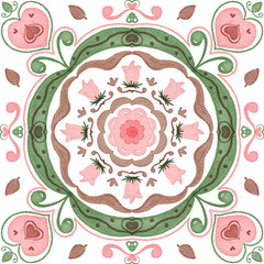 Watercolor decorative colorful ornament on isolated background. Symmetric seamless batik floral mandala tribal ethnic pattern for fabric textile card wallpaper