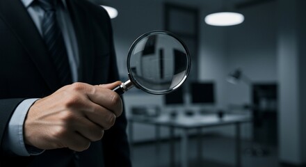Businessman Holding Magnifying Glass, Examining Office Interior, Investigation Concept, Detail View.