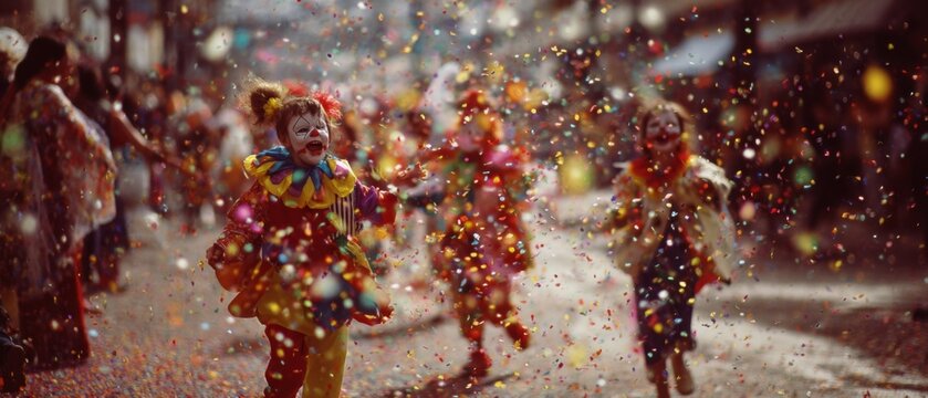 Joyful children in clown costumes celebrate amid vibrant confetti on a lively street, embodying festive spirit and playfulness.