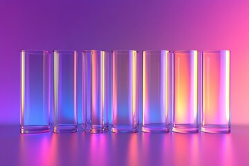 Row of clear glass tumblers illuminated with vibrant purple and pink neon lighting