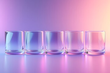 Five clear glass tumblers lined up with colorful iridescent light reflections