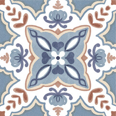Watercolor decorative colorful ornament on isolated background. Symmetric seamless batik floral mandala tribal ethnic pattern for fabric textile card wallpaper