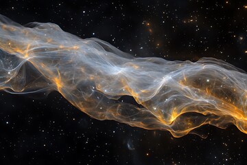 Luminous cosmic nebula swirls with distant stars and galaxies in deep space