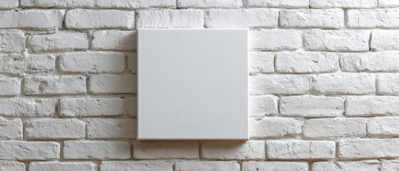 A small white canvas is mounted on a textured white brick wall, offering a minimalist setting highlighting art's potential and simplicity.