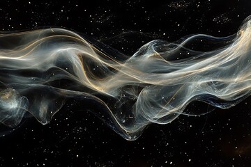 Ethereal wisps of glowing cosmic gas and dust swirl across a starry night sky