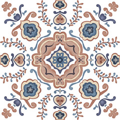 Watercolor decorative colorful ornament on isolated background. Symmetric seamless batik floral mandala tribal ethnic pattern for fabric textile card wallpaper