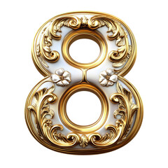 Ornate Gold Number Eight with White Accents Floral Details on a Transparent Background Symbol of Luxury and Elegance