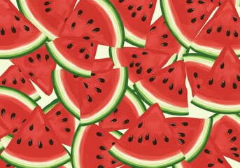 A vibrant and refreshing seamless pattern composed of numerous watermelon slices with red flesh, green rinds, and black seeds. This lively design is perfect for summer, fruit, and healthy eating theme