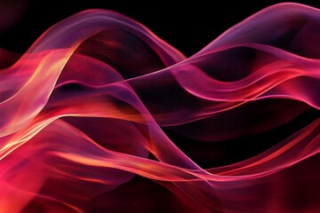 Abstract flowing waves of translucent pink and red fabric with golden light