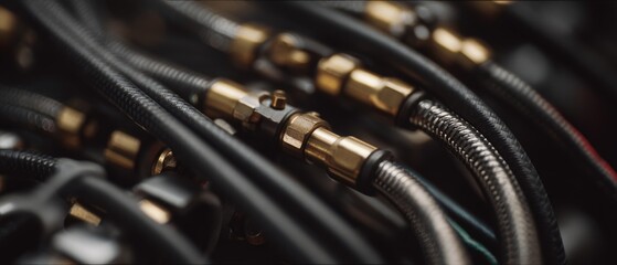 Fototapeta premium Gleaming brass connectors weave through flexible cables, showcasing intricacies of industrial design and the elegance in functional detail.