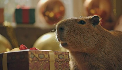 Capybara biting gift box with balloons and golden decorations, party celebration, birthday greeting card